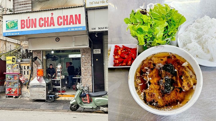 Bún chả chan nằm tại đường Mai Hắc Đế, quận Hai Bà Trưng được xem là một trong những quán đầu tiên tại Hà Nội bán món bún chả chan. Ngoài món bún với chả viên đặc trưng, thực khách có thể gọi thêm thịt ba chỉ nướng hoặc chả lá lốt ăn kèm với bún và nước mắm thanh ngọt. Nem rán tại đây cũng được chiên giòn với nhân đậm đà. Ảnh: Michelin Guide